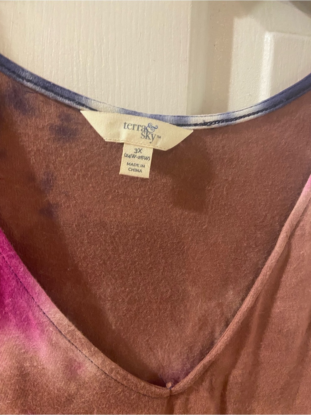 Terra & Sky 3X Tie-Dye Cold-Shoulder V-Neck shirt - Pink, Brown, Purple - Picture 3 of 5